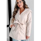 Wintry Winds Hooded Faux Leather Puffer Coat (Beige)