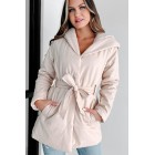 Wintry Winds Hooded Faux Leather Puffer Coat (Beige)