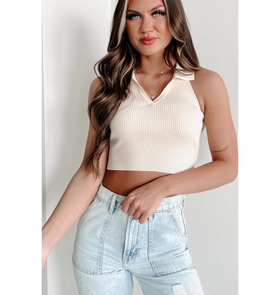 Little Distracted Ribbed Collared Crop Top (Whip Cream)