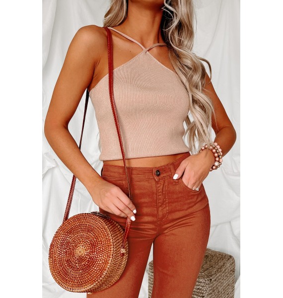 Adore The Attention Ribbed Halter Tank Top (Sand)