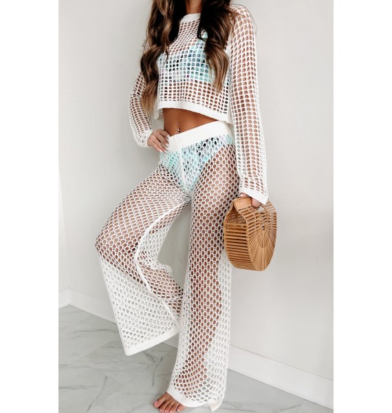 Sitting Poolside Two Piece Crochet Pant Set (White)