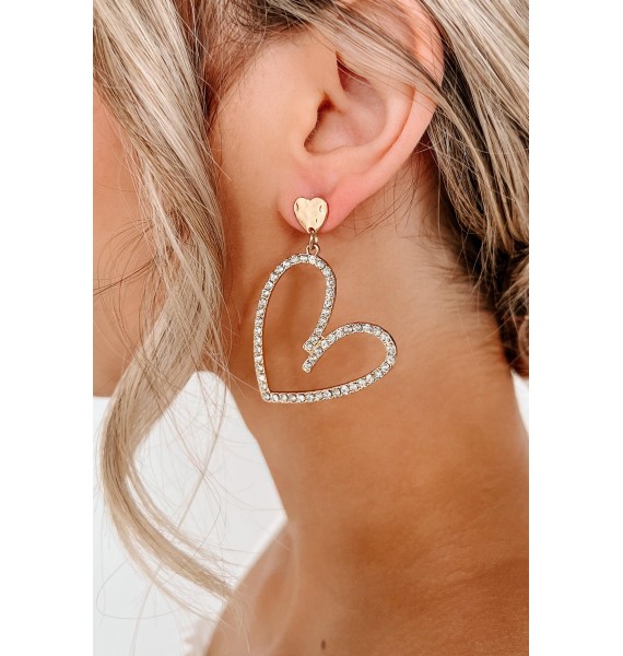 Chic Hearts Rhinestone Heart Dangle Earrings (Gold)