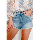 Marge Sneak Peek High Rise Frayed Hem Denim Shorts (Medium Light)