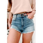 Marge Sneak Peek High Rise Frayed Hem Denim Shorts (Medium Light)