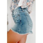 Marge Sneak Peek High Rise Frayed Hem Denim Shorts (Medium Light)