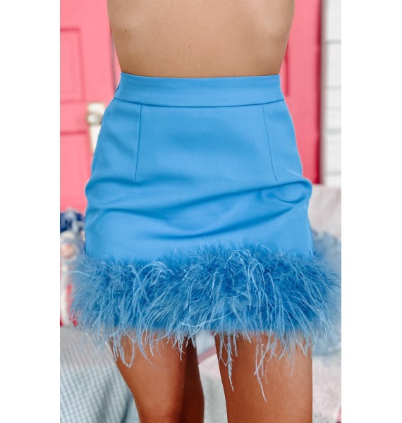 Ruffle My Feathers High Waisted Faux Feather Trim Mini Skirt (Blue)