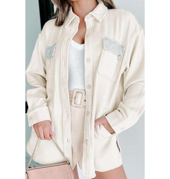 Casually Boujee Ribbed Sequin Detailed Shacket (Cream/Silver)