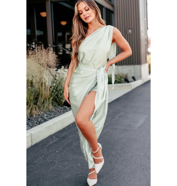 Elegant Bliss One Shoulder Satin Wrap Dress (Mint)