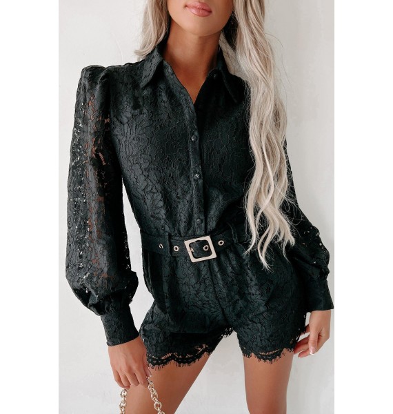 Looking Up To You Lace Long Sleeve Belted Romper (Black)