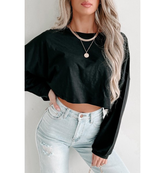 Oversized Long Sleeve Crop Top (Black)