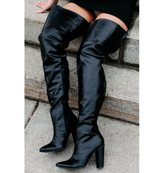 Here Comes Trouble Faux Leather Thigh High Boots (Black)