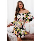 70's Surprise Off The Shoulder Floral Mini Dress (Black/Multi)