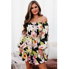 70's Surprise Off The Shoulder Floral Mini Dress (Black/Multi)