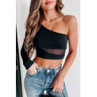 Appreciative Looks One Shoulder Mesh Detail Crop Top (Black)