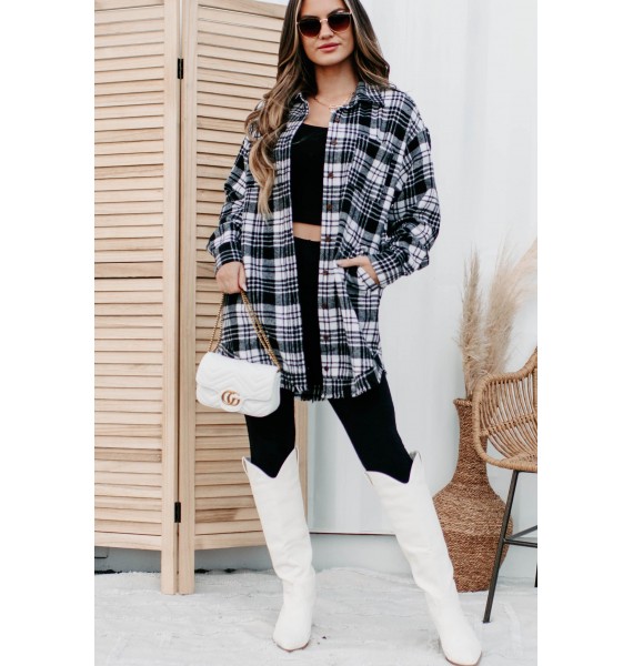 Ciders & Bonfires Long Plaid Shacket (White/Black)