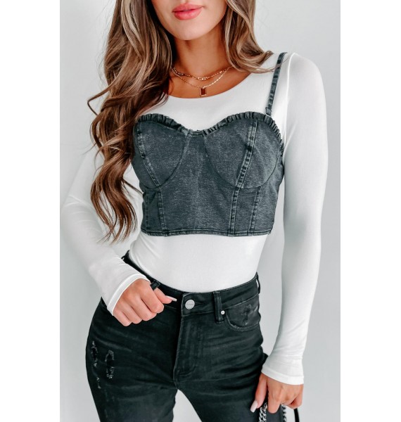 Letting Me Talk Padded Bustier Crop Top (Black Denim)