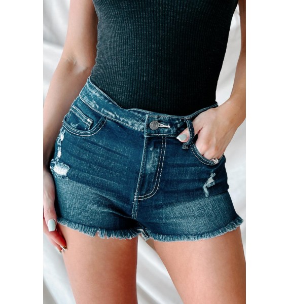 Going With It High Rise Distressed Frayed Hem Cello Shorts (Dark)