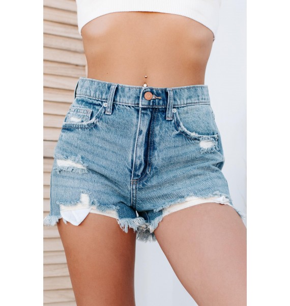 Summer Crush 90's High Rise Sneak Peek Distressed Denim Shorts (Medium )