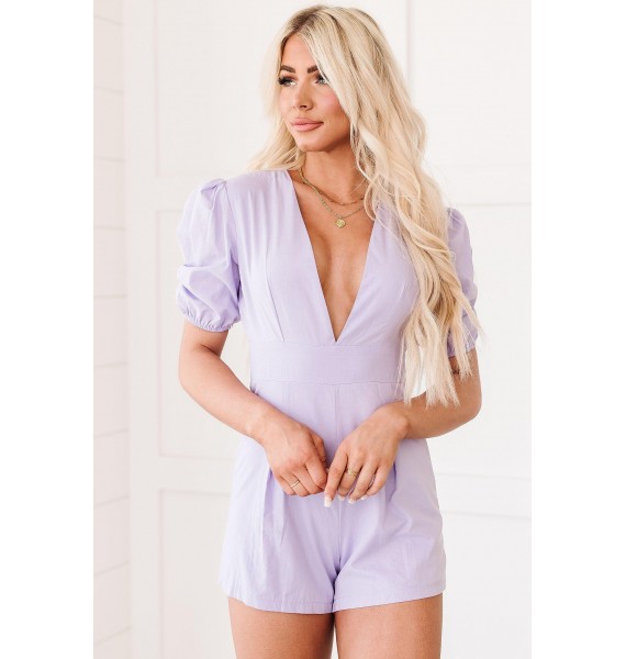 On The  Deep V Puff Sleeve Romper (Lavender)