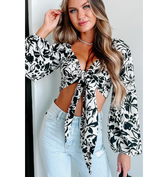 Changed My Mind Tie-Front Floral Crop Top (Ivory/Black)