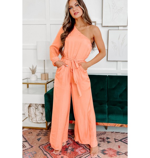 Keep It Interesting One Shoulder Jumpsuit (Orange)