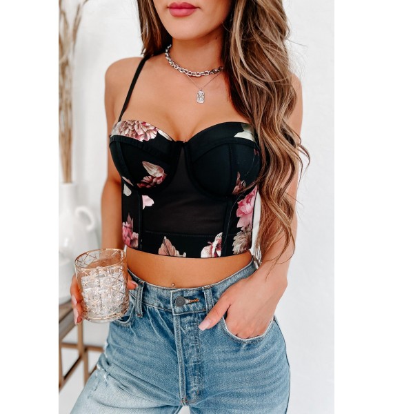 Your Flower Metallic Floral Bustier Crop Top (Black)