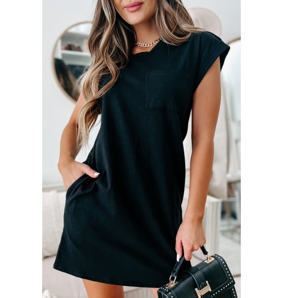 Cuffed Sleeve T-Shirt Dress (Black)