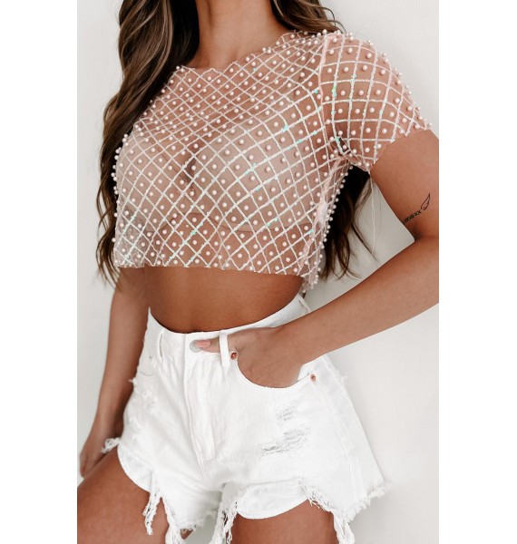 Staying Golden Sequin & Glitter Mesh Crop Top (Blush)