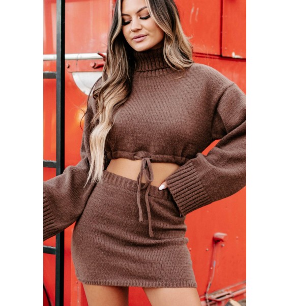 Change In The Weather Sweater Knit Crop Top & Skirt Set (Brown)